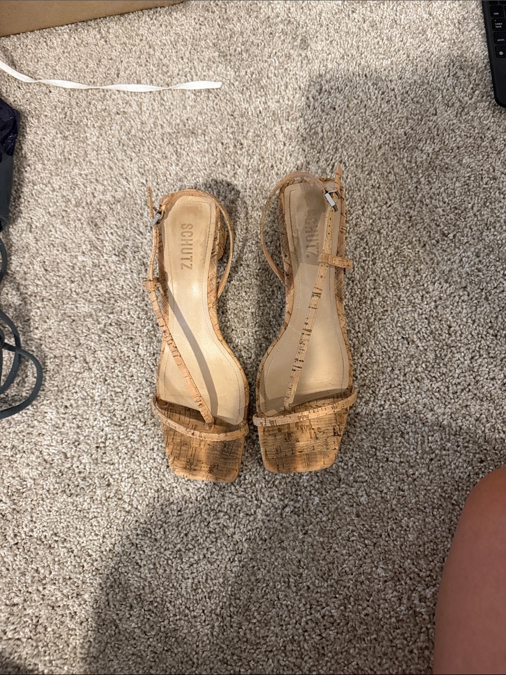 SCHUTZ Cork-Strap Square-Toe Block Heel Sandals in Tan
